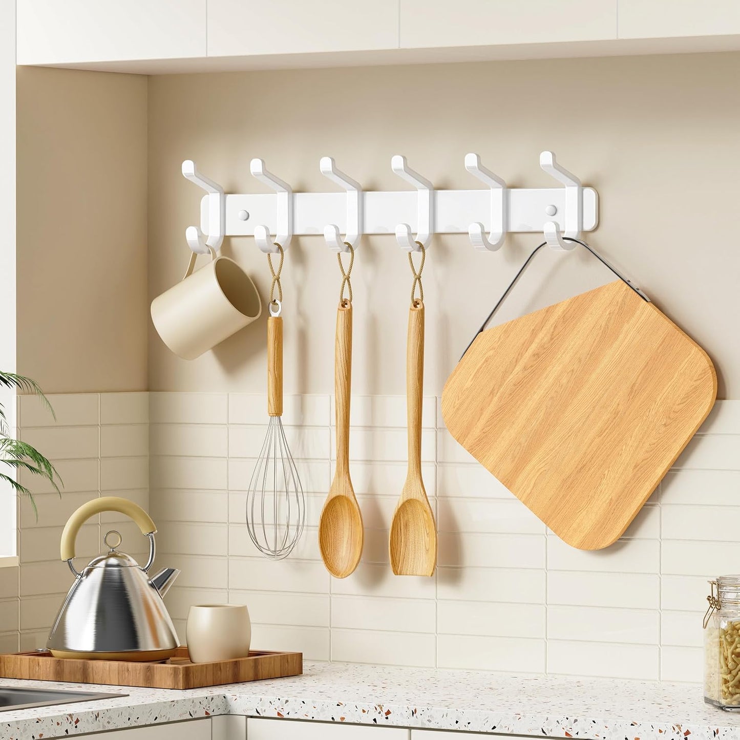 Pickpiff Coat Rack - Heavy-Duty Wall-Mounted Metal Hanger with 6 Hooks for Hats, Clothes & More | White, 2 Pack