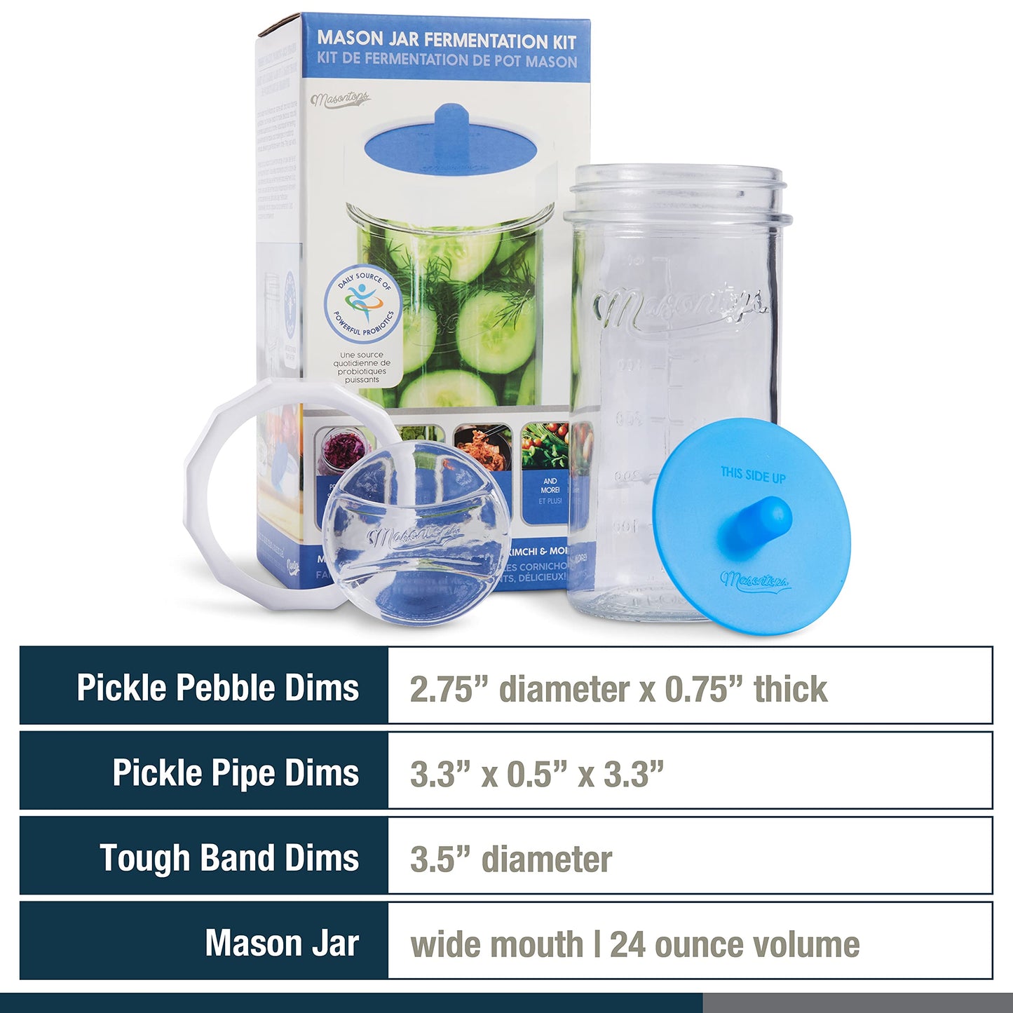 Masontops Fermentation Jar Starter Set, Easy Vegetable Fermentation Kit, Includes Mason Jar, Pickle Kit with Fermentation Lids & Fermentation Weight