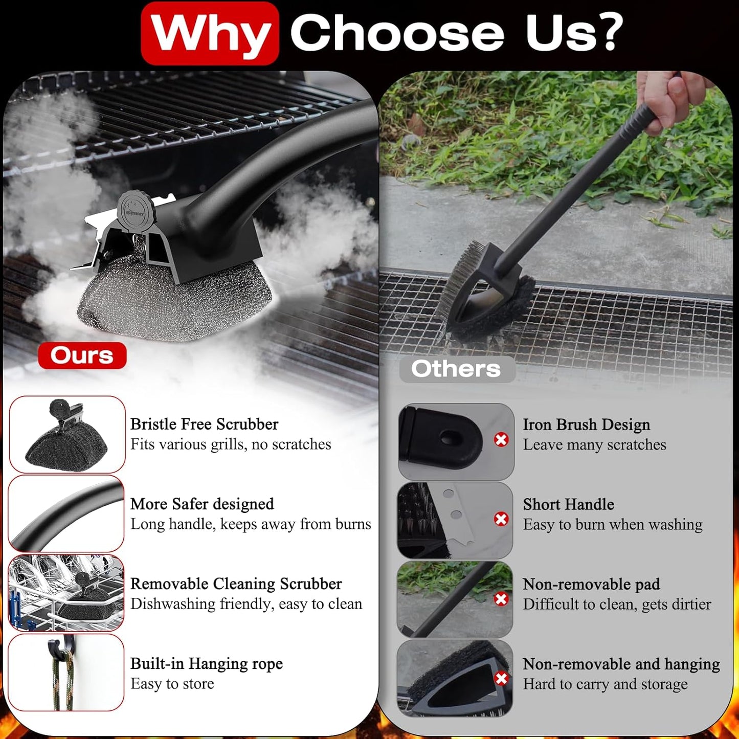 Skiennix Grill Brush - Replaceable Bristle-Free Design for Safe Cleaning | Ideal for Porcelain, Gas, Charcoal, and Cast Iron Grills - Black