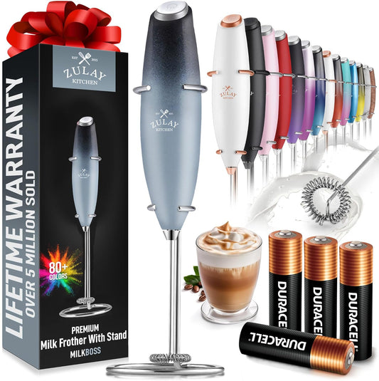 Zulay Kitchen Milk Frother Wand - Ultra-Fast Handheld Electric Whisk for Coffee, Lattes & More - Includes 4 AA Batteries