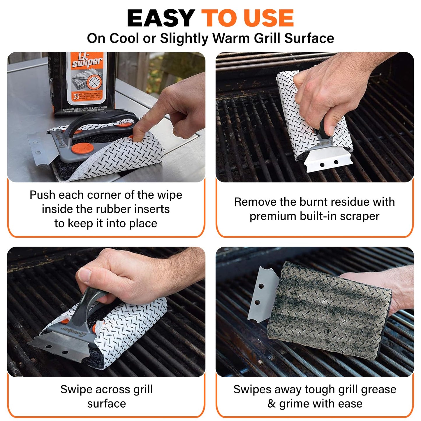 Proud Grill Q-Swiper BBQ Grill Cleaner Set - Bristle-Free Brush & 25 Safe Cleaning Wipes | Perfect for Grease Removal