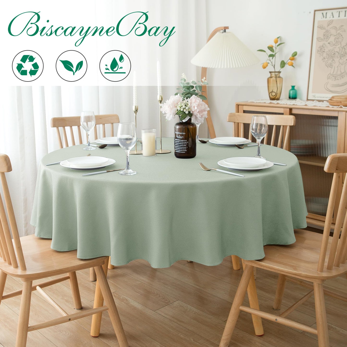 Biscaynebay Round Tablecloth 60 Inch-Sage Outdoor Fabric Table Cover-Small Circle Folding Table Cloths Linen Water Resistant Washable for Kitchen Dining Picnic Patio Outdoor Party Restaurant Tables