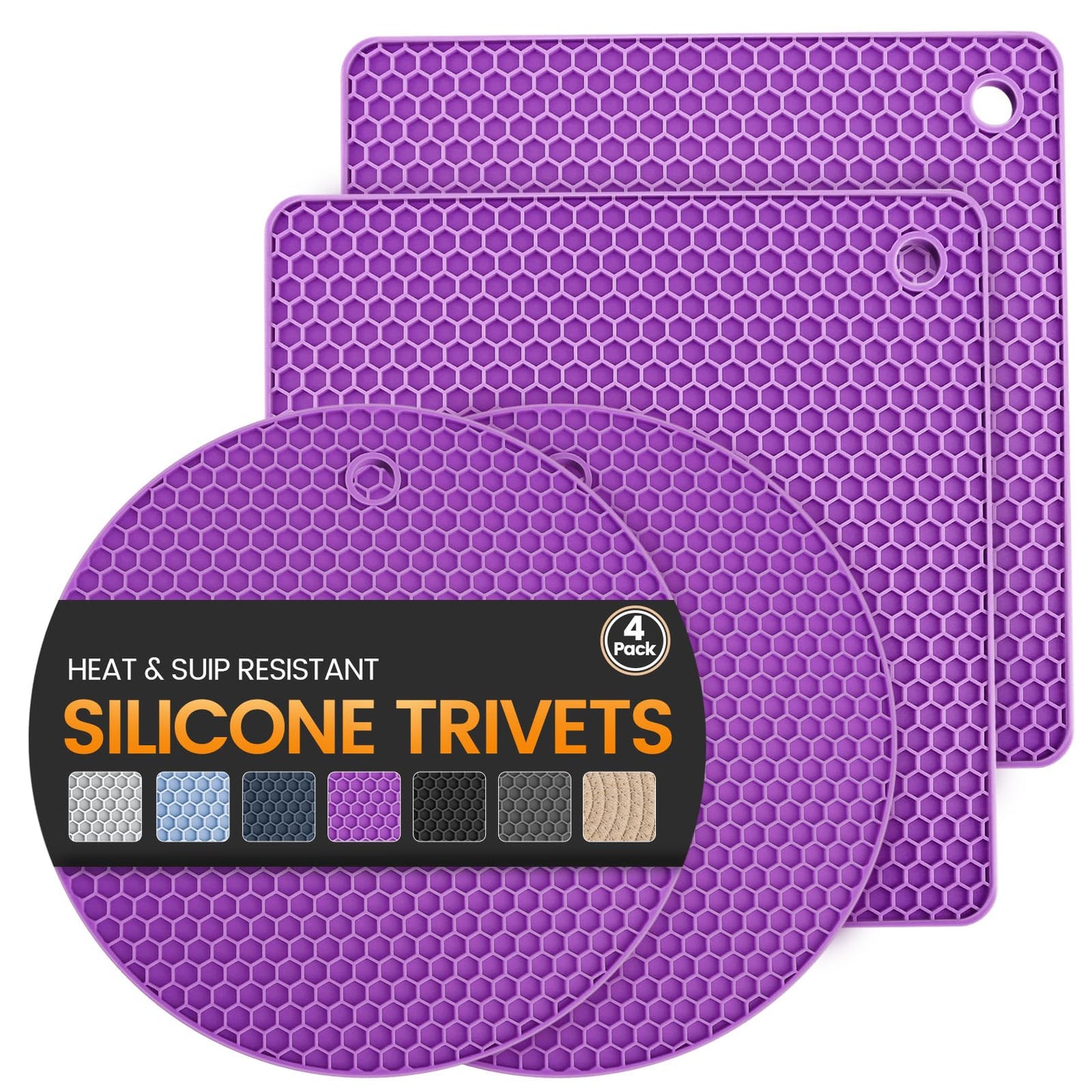 Silicone Trivet Mats 4 Heat Resistant Pot Holders Multipurpose Non-Slip Hot Pads for Kitchen Potholders, Drying mat, Jar Opener, Spoon Holder, Coaster(Violet)