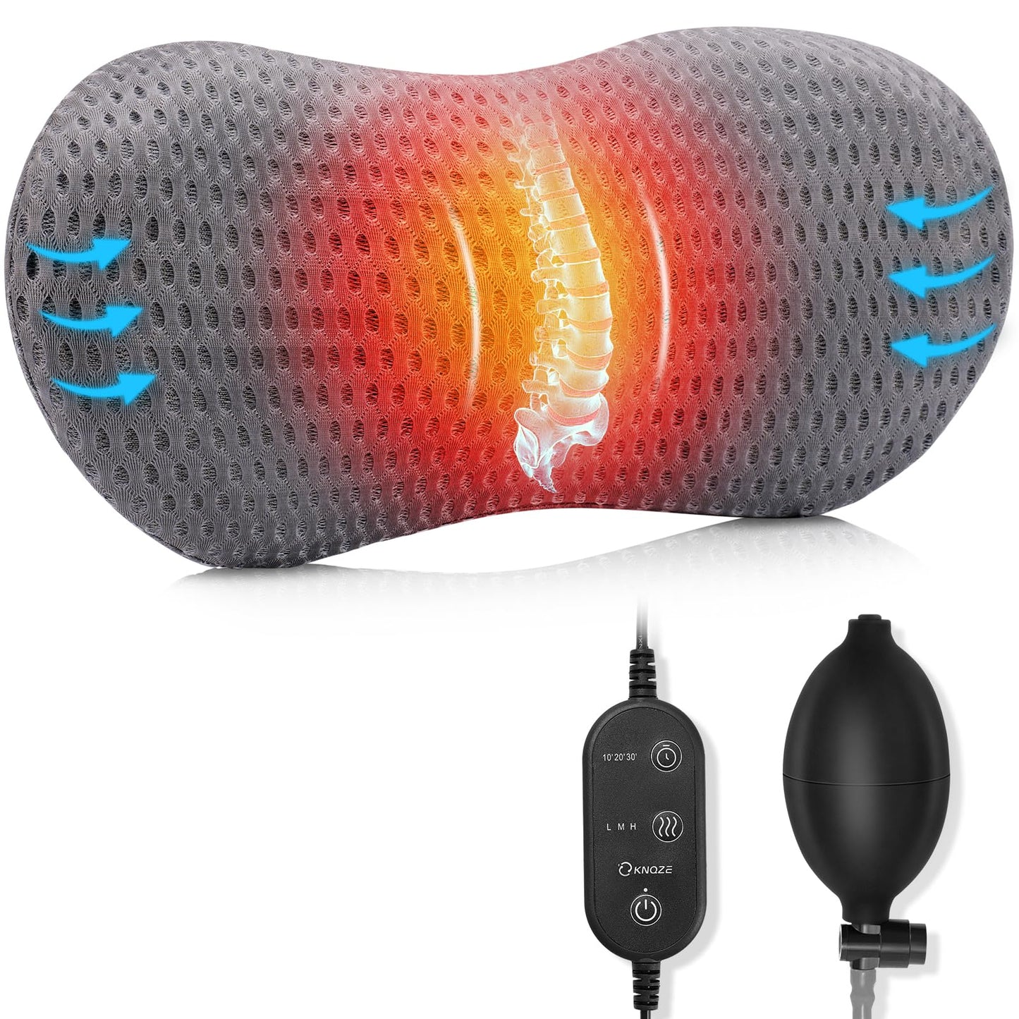 KNQZE Heated Lumbar Support Pillow for Office Chair, Car, Bed, and Recliner-Customizable Height for Personalized Comfort - Relieves Lower Back Pain and Enhances Posture