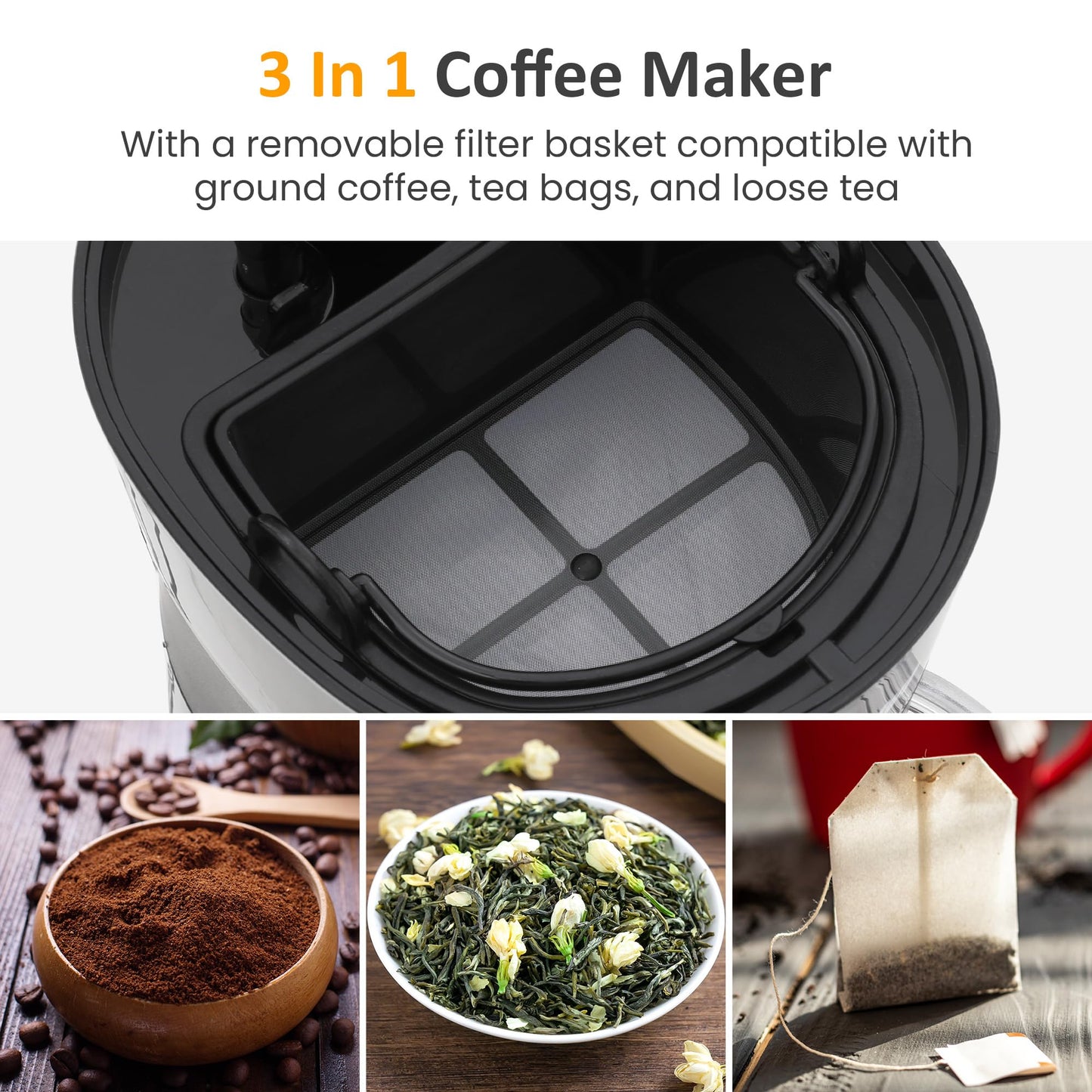 Iced Coffee Tea Maker with Reusable Filter Basket, 3 QT Pitcher, Iced Tea and Coffee Machine , Tea Makers for Iced Tea, Lattes, Lemonade and Flavored Water, Adjustable Brew Strength, Black and Silver