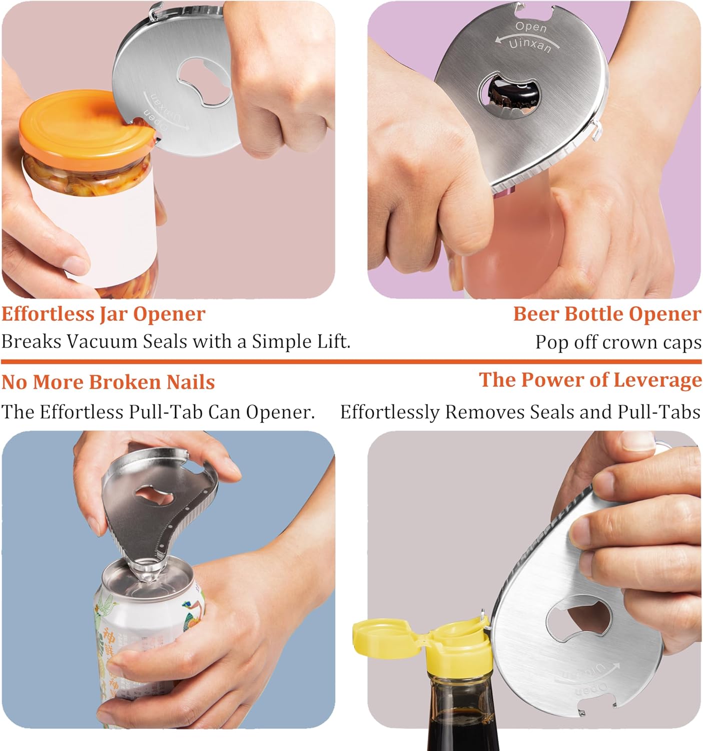 Uinxan Jar Bottle Can Opener - Easy Twist Off for Seniors with Arthritis | Portable Multifunction Gadget (Silver)