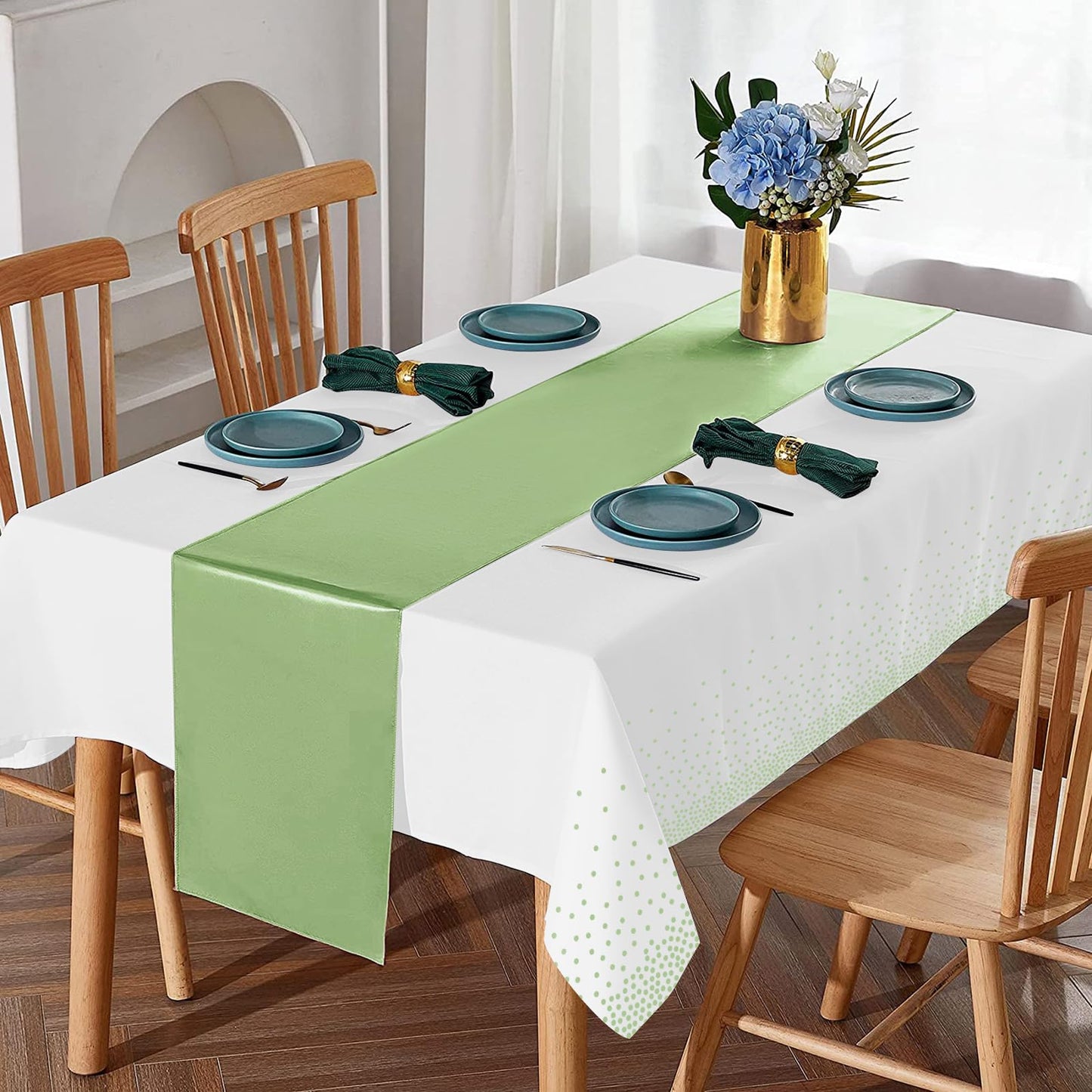 8Pack Plastic Tablecloths and Satin Table Runner Set Disposable White and Sage Green Dot Table Cloth Green Satin Table Runner for Wedding Birthday Baby Shower Anniversary Holiday Party Decorations