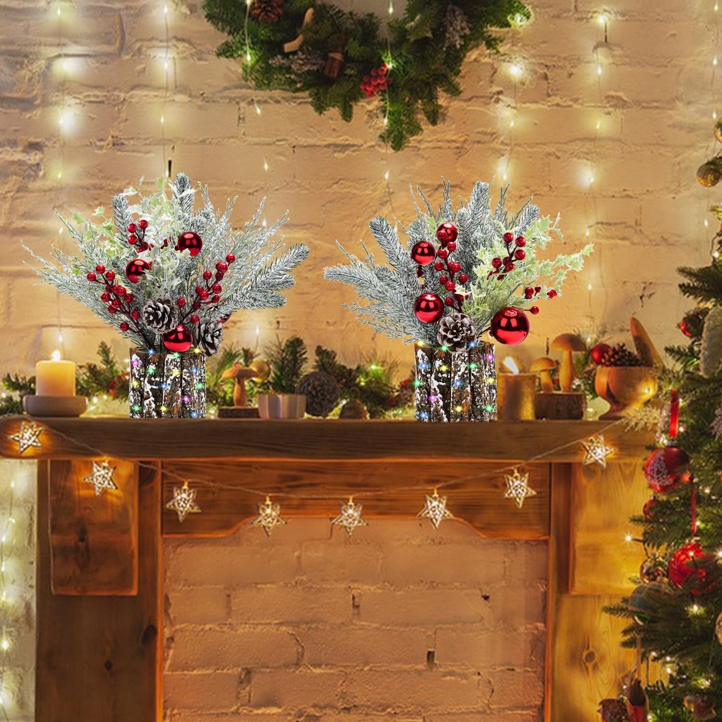 Skiennix Christmas Table Decorations - 14 Inch Potted Christmas Tree with Lights & Pine Cones | Holiday Centerpiece
