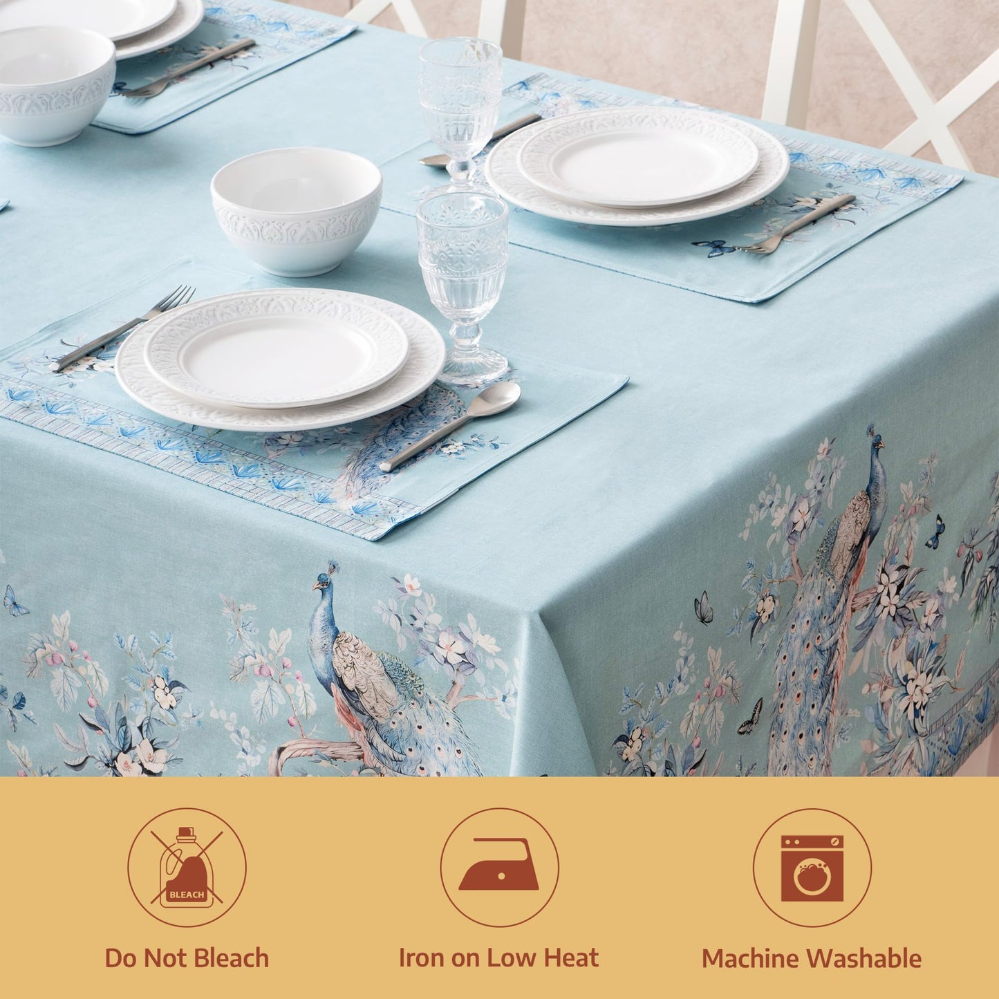 Maison d' Hermine Premium Table Cloth Rectangle Table 100% Combed Cotton 120 x 70 Inches Tablecloth Reusable Decorative for Dining Room Home Party Festive Wedding - Peacock Utopia - Pastel Turquoise
