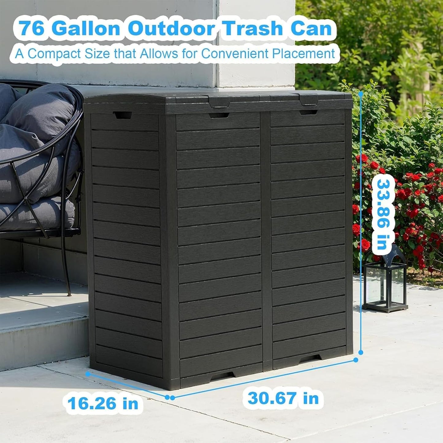 Regine Switzerland Outdoor Trash Can - Waterproof Resin Bin with Dual Lid Closure | 76 Gallon, Black