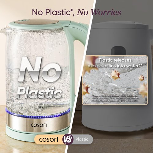 Cosori Electric Kettle, No Plastic Contact With Water, Wide Mouth For Easy Cleaning, Auto Shut Off, 1.7L Tea Kettle & Hot Water Boiler, Water Heater & Teapot, Borosilicate Glass, Green, 1500W