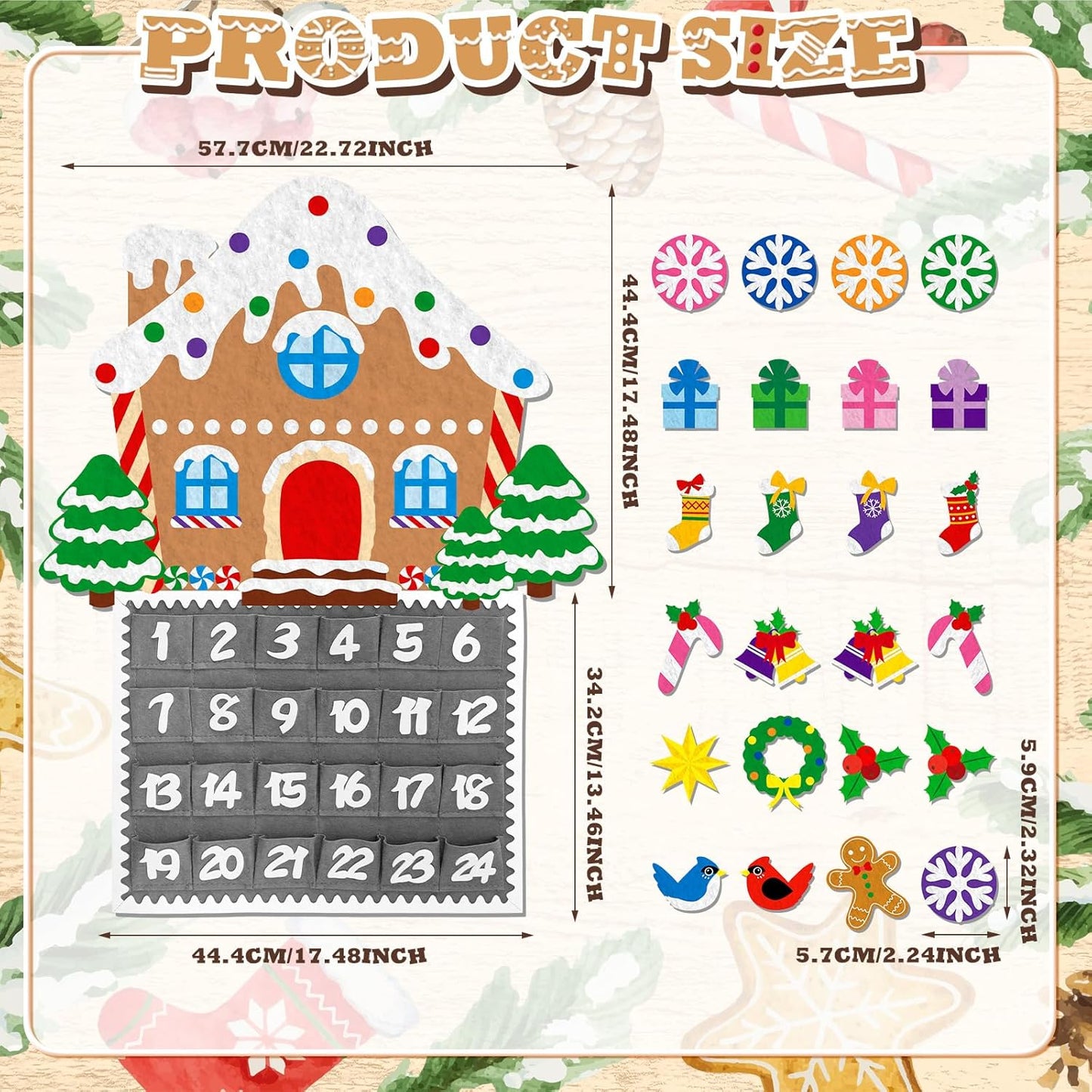 Watersay Christmas Gingerbread House Advent Calendar - 2ft Felt Ornaments with 24 Pockets for Kids