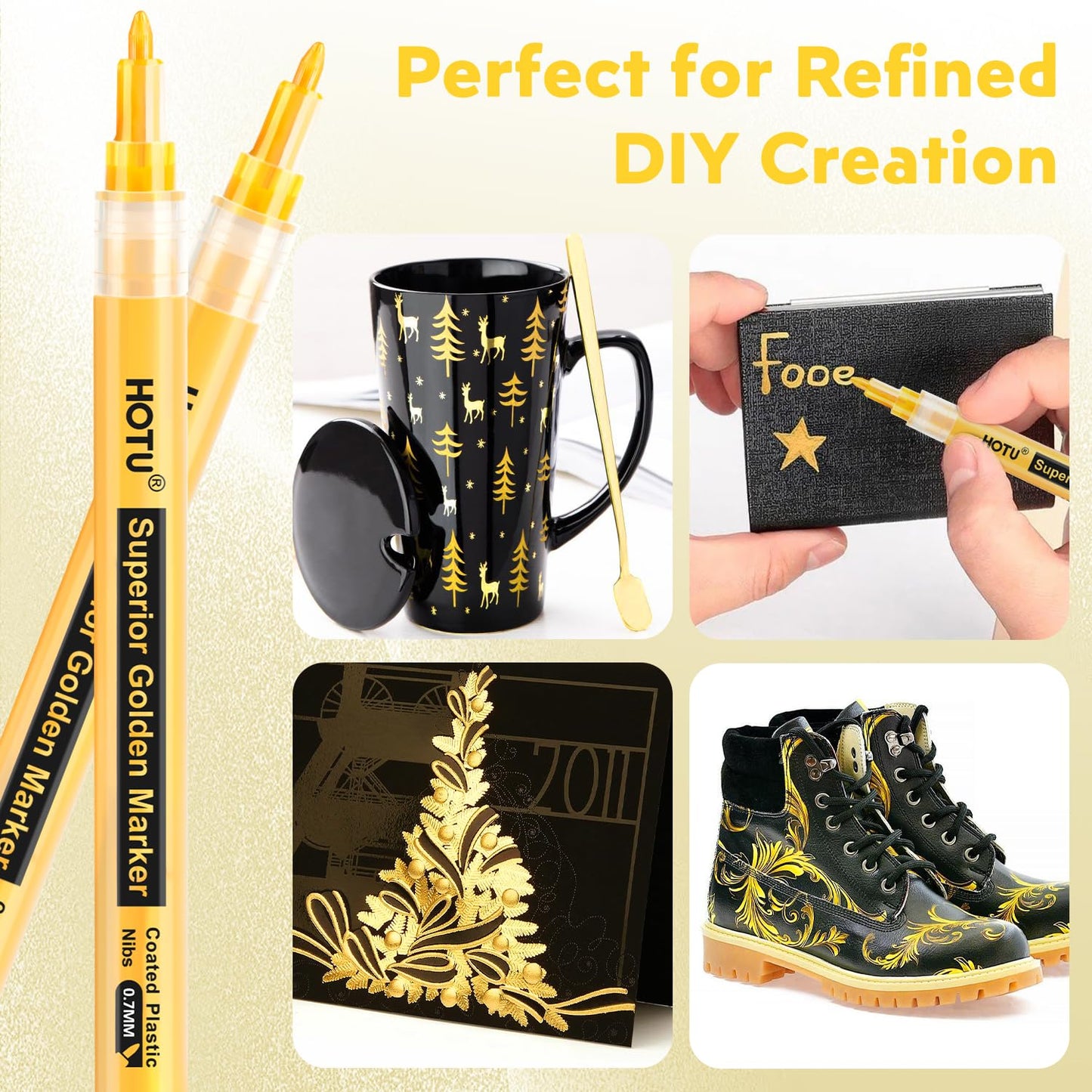 HOTU 5 Pack Super Gold Paint Markers - Metallic Gold Acrylic Paint Pens Glitter Extra Fine Tip 0.7mm for Black Paper,Wood, Rock Painting, Glass, Fabric