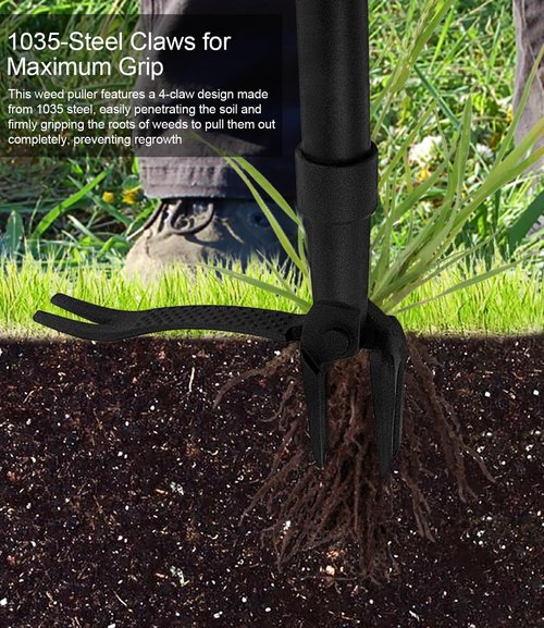 GardenWeasel Weed Puller Tool - 4-Claw Stand-Up Gardening Tool with 47.8" Adjustable Stainless Steel Handle