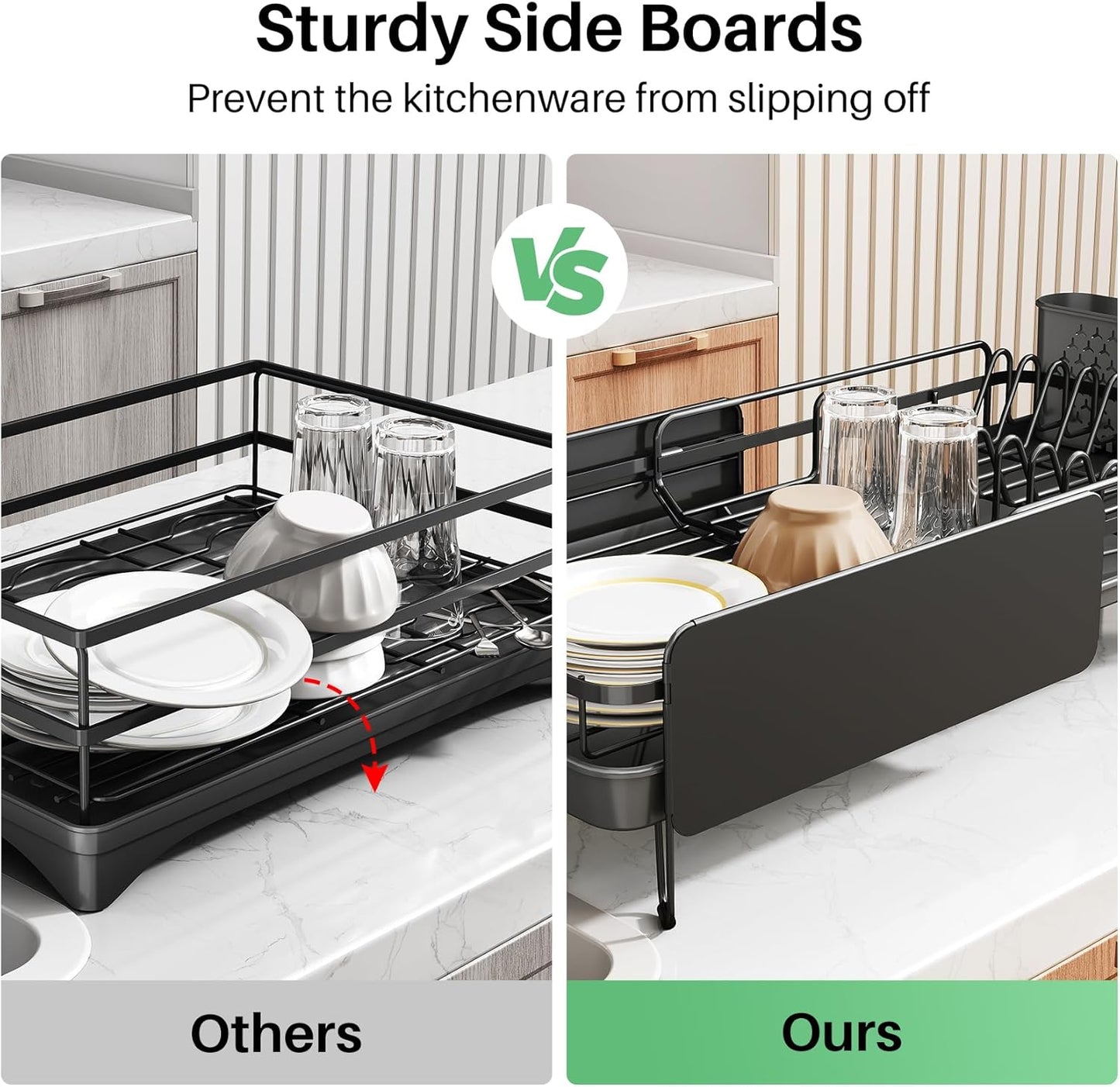 SNTD Dish Drying Rack - Expandable Stainless Steel Dish Drainer with Cutlery Holder | Large Black Design