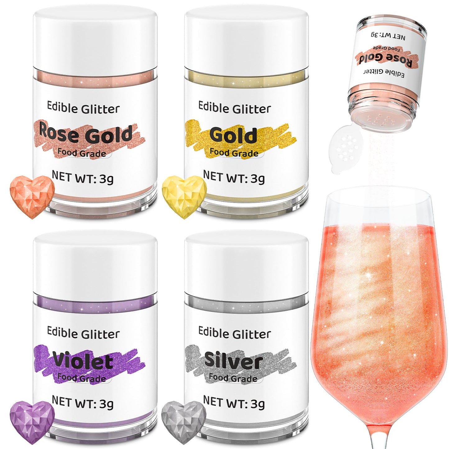 Cherrysea Food Coloring Edible Glitter Drink Shimmer 4 Colors No Taste Food Grade Edible Luster Dust Powder Set for Cocktails Champagne Beverages,Vegan, Gluten Free - 3g/Bottle