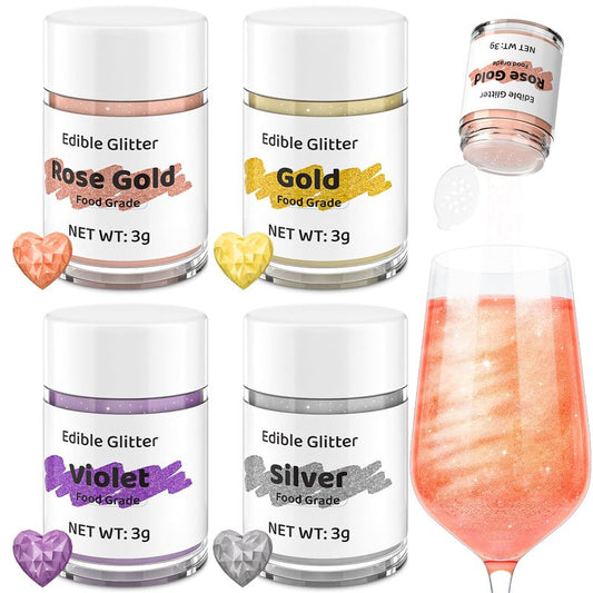 Cherrysea Food Coloring Edible Glitter Drink Shimmer 4 Colors No Taste Food Grade Edible Luster Dust Powder Set for Cocktails Champagne Beverages,Vegan, Gluten Free - 3g/Bottle