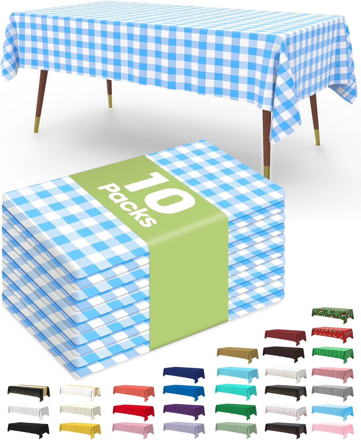 Pureegg Disposable Table Cloths - 10 Pack, 54 x 108 Inch, Leakproof Blue & White Gingham Design