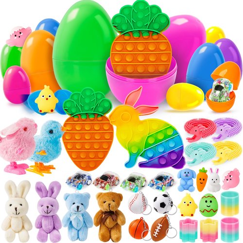 30 Pack Prefilled Easter Eggs with Toys Inside, Bulk Mix 4 Sizes Plastic Easter Eggs with Assorted Novelty Toys, Filled Surprise Eggs for Easter Hunt, Easter Basket Stuffers, Party Favors for Kids
