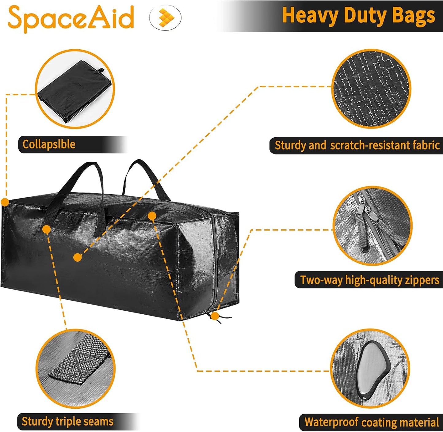 SpaceAid Heavy Duty Moving Bags - 8 Pack Large Storage Totes with Backpack Straps & Strong Handles - Black