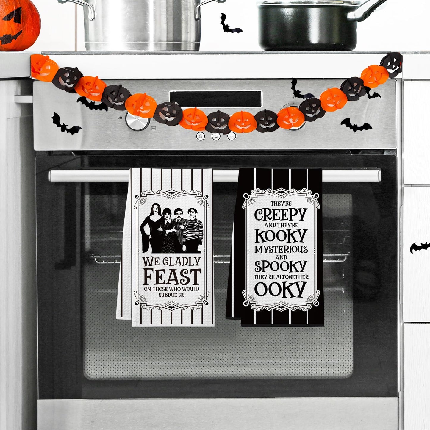 Cheroloven Halloween Kitchen Towels, Funny Addams Family Hand Towels, 2 Pack Gothic Dish Towels， Spooky Home Bathroom Decor Party Favors, Addams Family Merch Gifts for Women Men