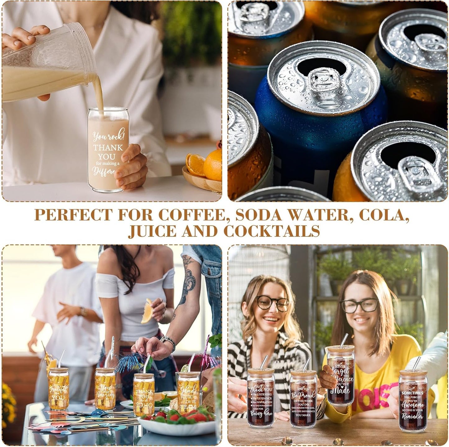 Tioncy 12 Pcs Positive Thank You Gifts for Women Appreciation Teacher Nurse Christian Religous Gifts 16oz Glass Cup with Bamboo Lids Straws Coffee Drinking Jars for Coworker