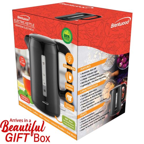 Brentwood 1100W BPA Free Cordless Electric Kettle with Concealed Stainless Steel Heating Element, 360° Base, Auto Shut Off, and Boil Dry Protection (Black, 2.2L)