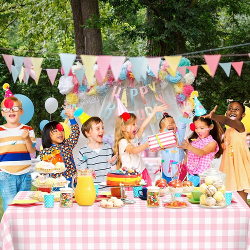 6 Pcs Pink Gingham Tablecloth Pink Disposable Plastic Checkered Table Cloths for Parties Disposable, Waterproof Rectangular Pink & White Table Cover for Camping, Birthday, Party, Picnic 54 × 108 Inch