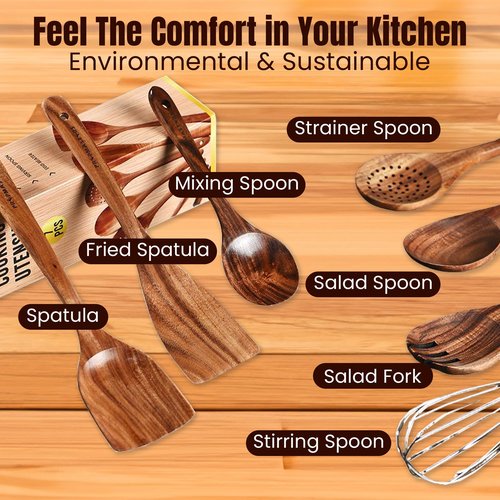 7 Pcs Natural Teak Wooden Spoons for Cooking, Kitchen Utensil Set – Nonstick & Safe Cooking Tools – Comfortable Grip & Lightweight Wooden Spoons – Ideal for Home Chefs
