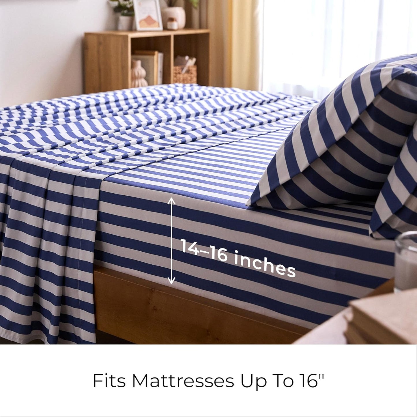 Mellanni King Sheets Set - 4 PC Luxury Hotel Bedding - Extra Soft, Cooling, Wrinkle Resistant | Oxford Stripe Blue Nova