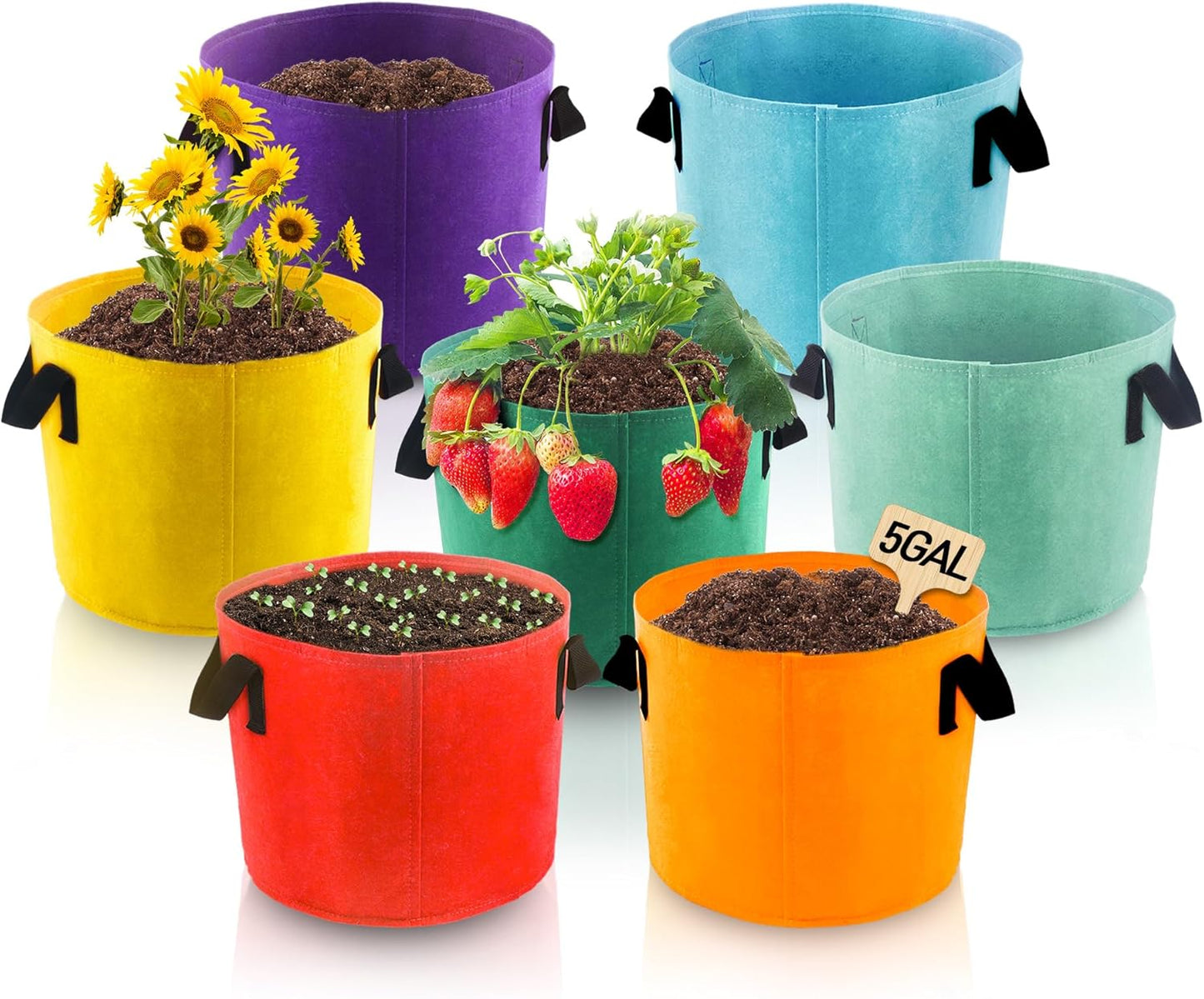 Skiennix 5-Gallon Fabric Grow Bags - 7-Pack in Mixed Colors with Handles for Vegetables & Flowers