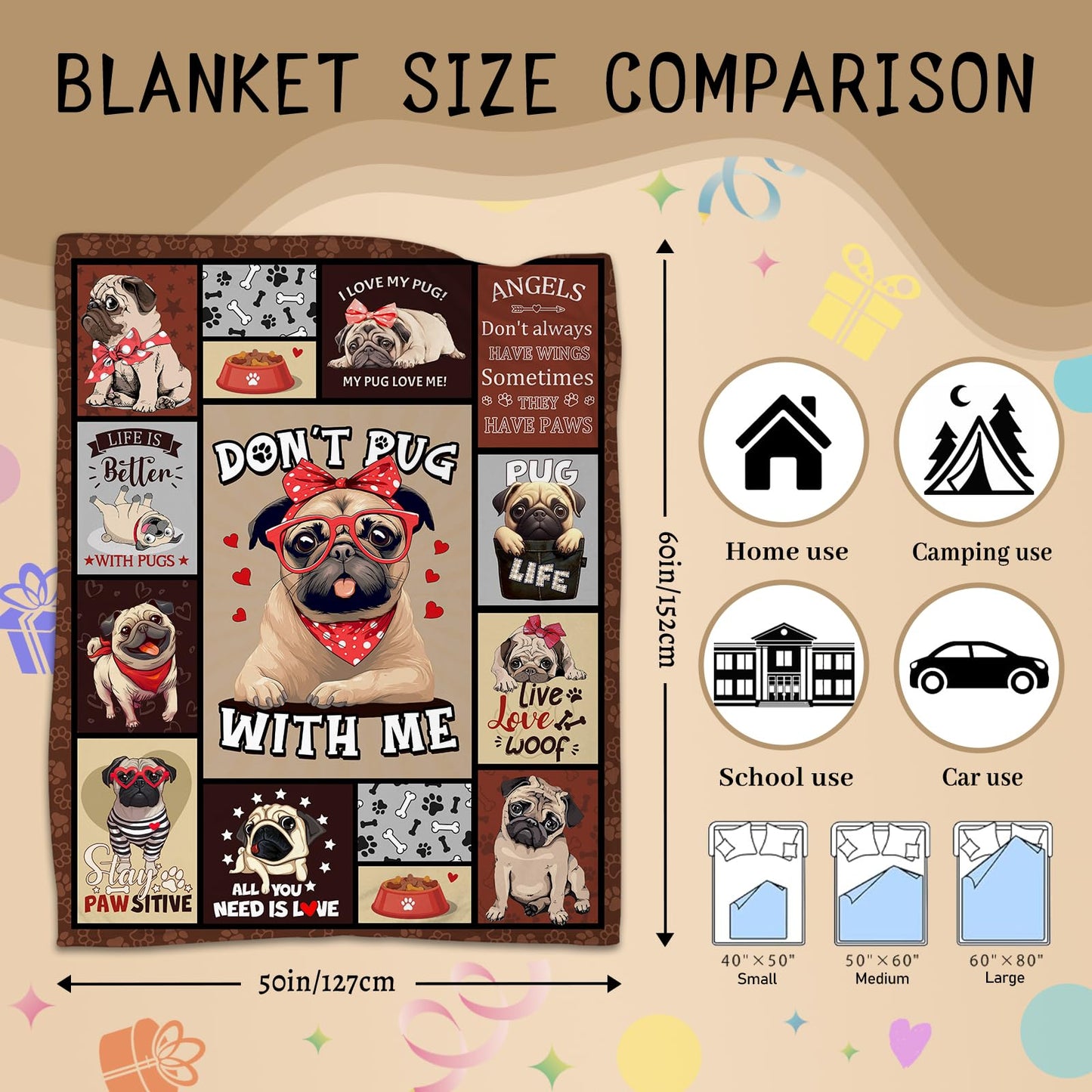 CIUGOIG Pug Gifts for Pug Lovers Blanket 50"x60"- Pugs Themed Gifts for Women/Owners Stuff - Birthday Ideas for Pugs Dog Throw Blanket for Kids & Adults