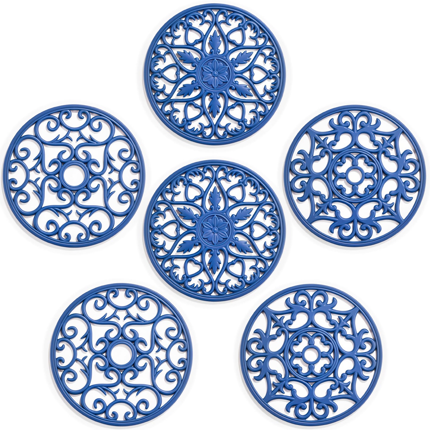 SMARTAKE 6 Set Silicone Trivet Mats, Multi-Use Carved Trivet Mat, Insulated Non-Slip Durable Kitchen Mats, Flexible Modern Kitchen Table Mat, for Hot Dishes, Pots, Dining Countertop, Navy Blue