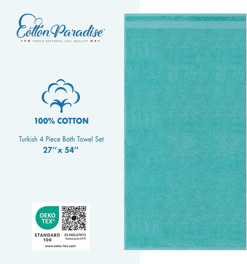 Cotton Paradise 4 Piece Turkish Bath Towels Set - Extra Large Soft Plush 100% Cotton in Turquoise
