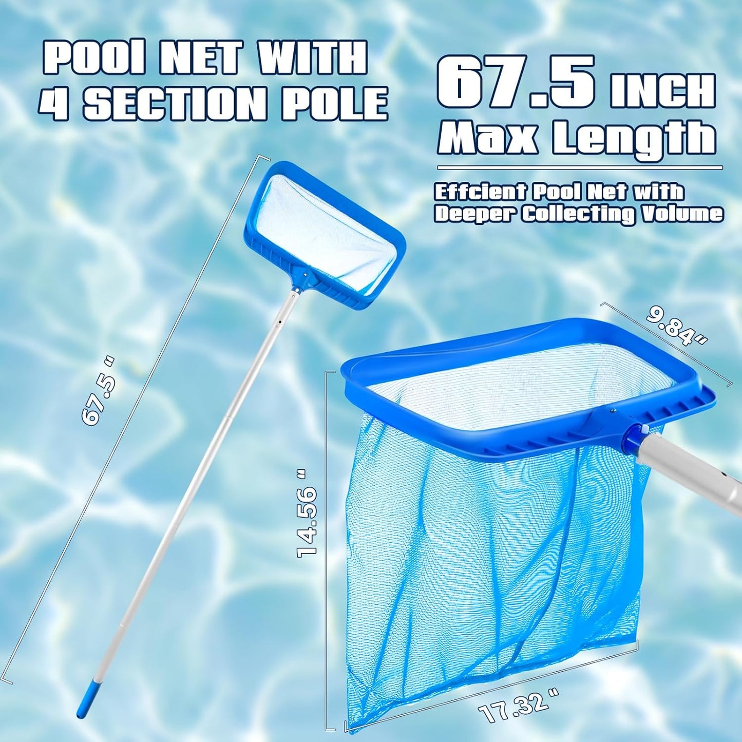 Pool Skimmer | Adjustable Telescopic Pole 26.4"-66.5" & Fine Mesh Net for Efficient Cleaning