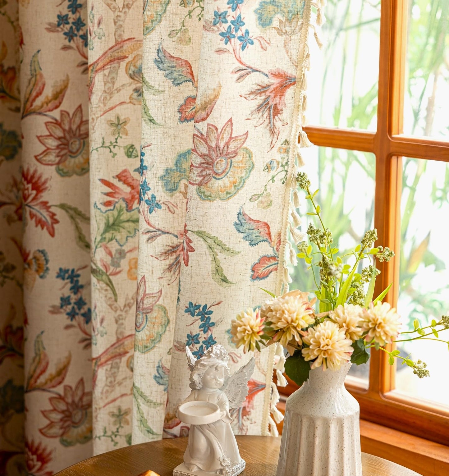 Boho Jacobean Curtains for Living Room 84 Inch Length Colorful Watercolor Bohemian Floral Pattern Linen Window Curtain Panels with Tassel Farmhouse Shabby Chic Drapes Set of 2 W50 x L84 Blue Red