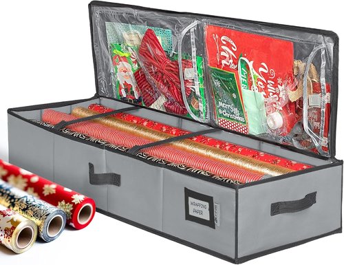 HOLDN’ STORAGE Premium Wrapping Paper Storage Container - Durable 600D Tear-Proof Design | Fits 27 Rolls, Extra Pockets for Ribbons & Bows, Gray