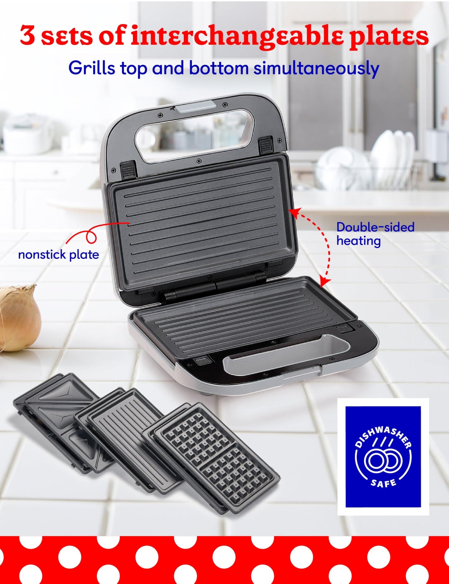 Betty Crocker 3-in-1 Indoor Grill, Sandwich/Panini Press & Waffle Maker Plus, Electric Grill Indoor with Interchangeable Non-Stick Plates, 750 Watts, BC-4965S, Silver