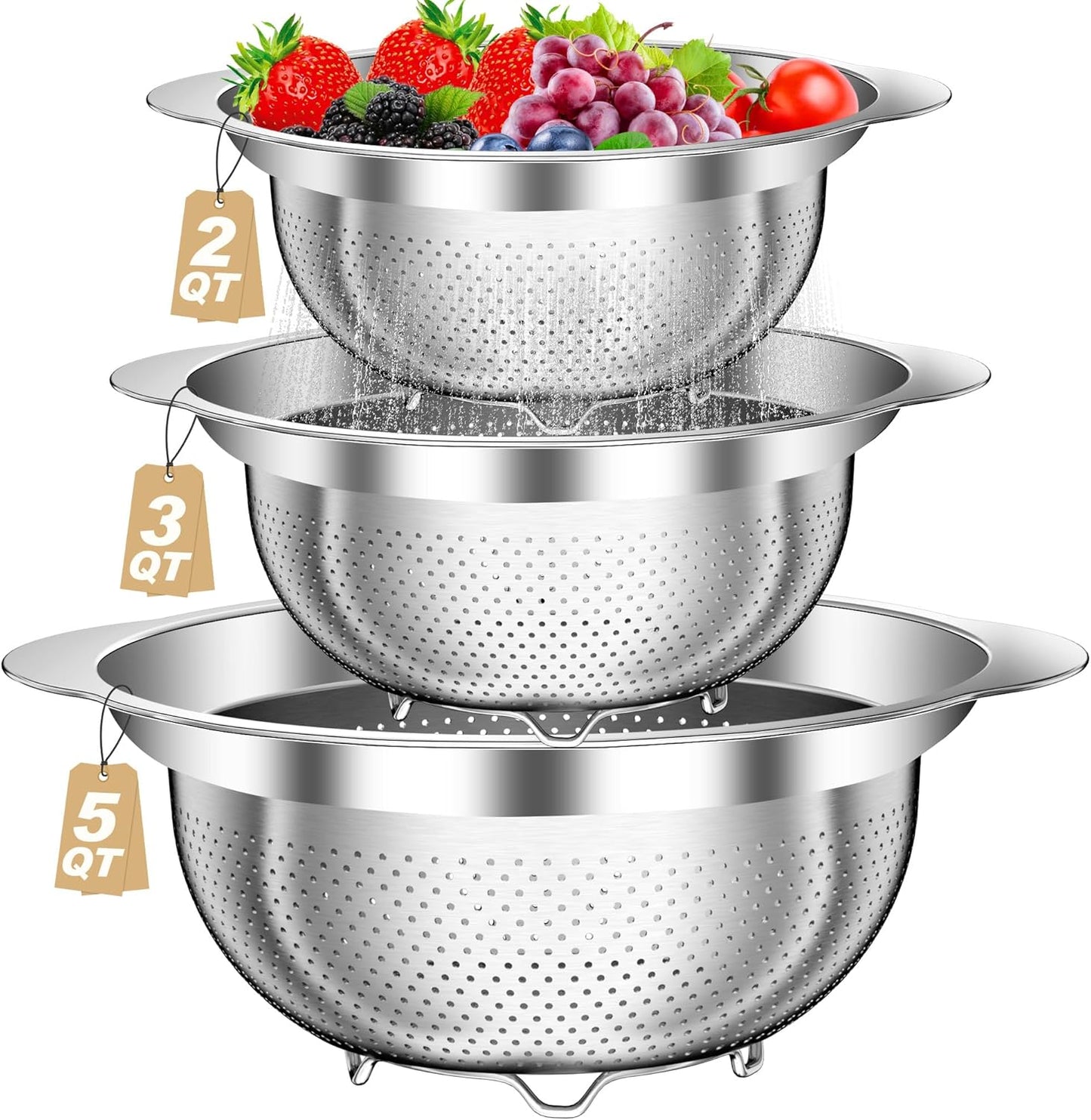 Stainless Steel Colander Set by [Brand Name] - 3-Piece Kitchen Strainer with Handles | Perfect for Pasta, Vegetables & Fruits (2QT, 3QT, 5QT)