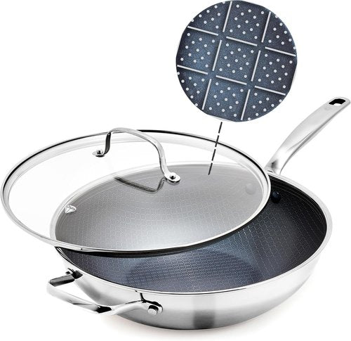 Blue Diamond Hybrid Nonstick 12” Wok - PFAS-Free Ceramic Stir-Fry Pan with Lid, Induction Ready, Silver
