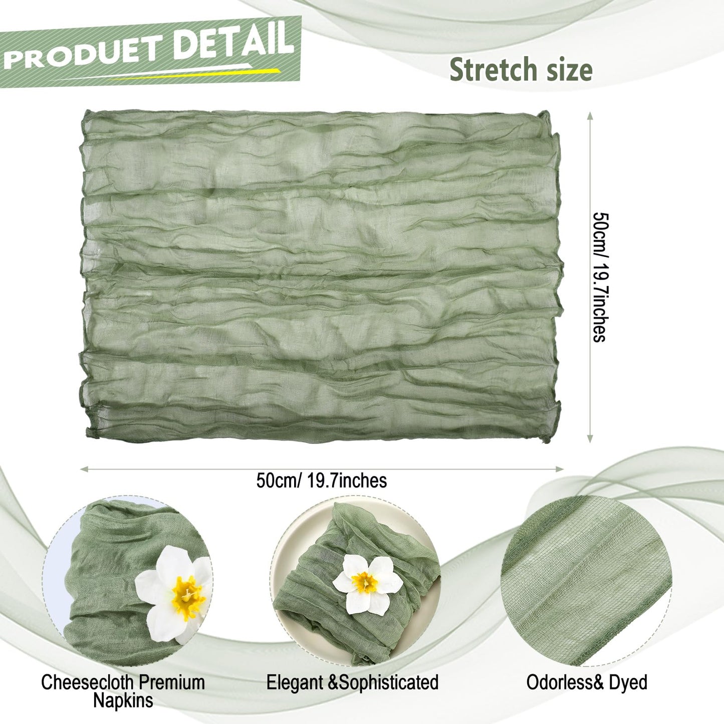 Mixweer 100 Pieces Gauze Cheesecloth Napkins 19.7 x 19.7 Inch with Wrinkled Decorative for Home Wedding Baby Shower Rustic Table Decoration(Sage)