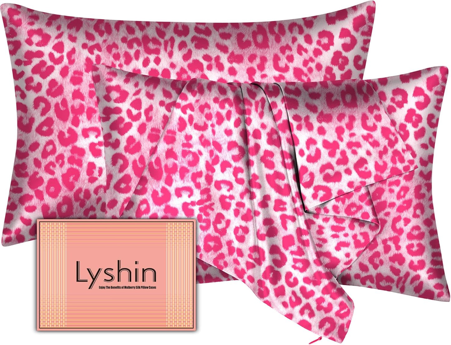 Skiennix Silk Pillowcases - 2 Pack Standard Size with Hidden Zipper | Mulberry Silk for Hair & Skin - Leopard Pink