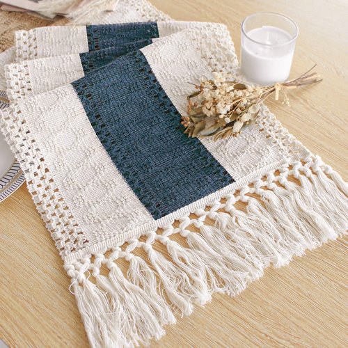 FEXIA Boho Table Runner 36 Inches Long with Tassels Farmhouse Rustic Cream & Blue Macrame for Dining Bedroom Home Baby Bridal Shower Decor(12x36 Inches)