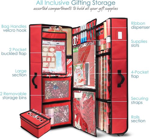 Hearth & Harbor Wrapping Paper Storage Container - Large Red Christmas Organizer with Ribbon Dispenser & Wheels, Fits 30 Rolls