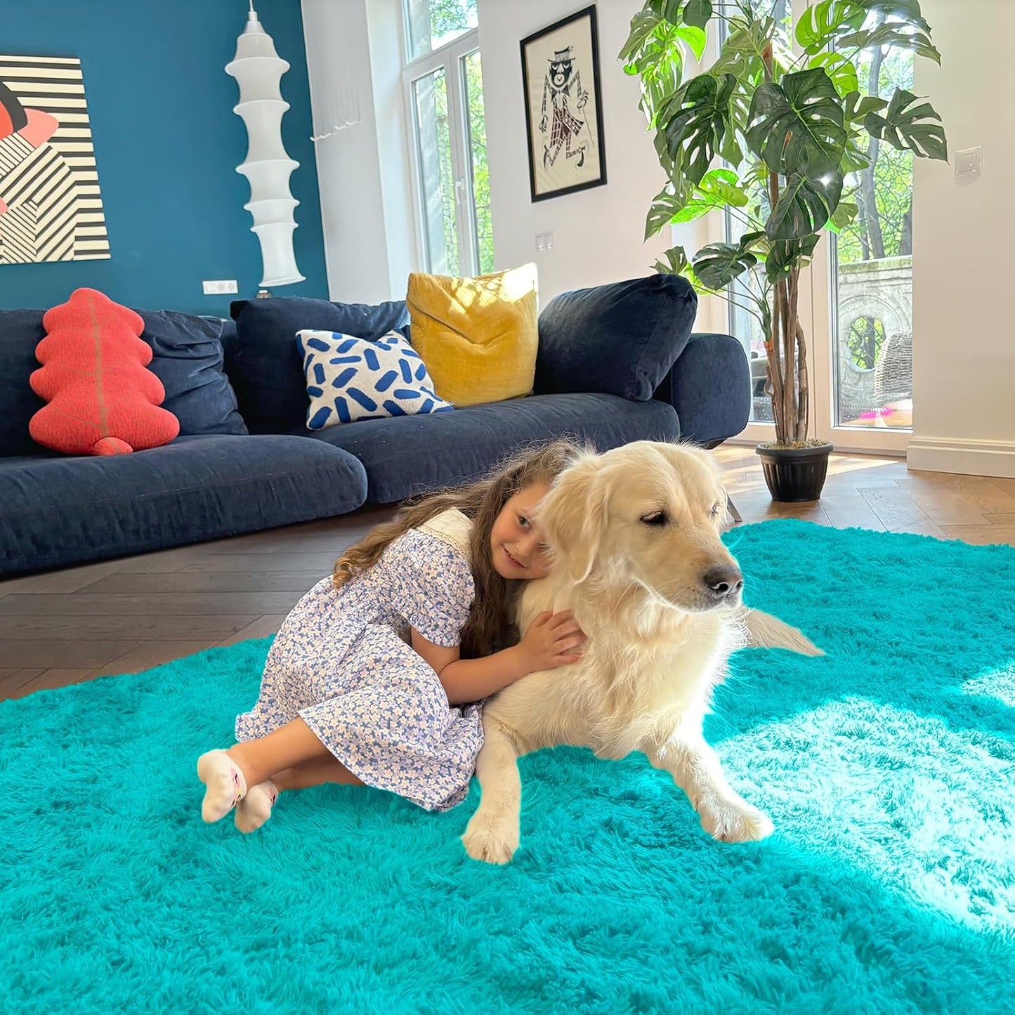 OLANLY Large Area Rug - Soft Fluffy Shaggy Carpet for Living Room & Bedroom | 6x9 ft, Teal Blue
