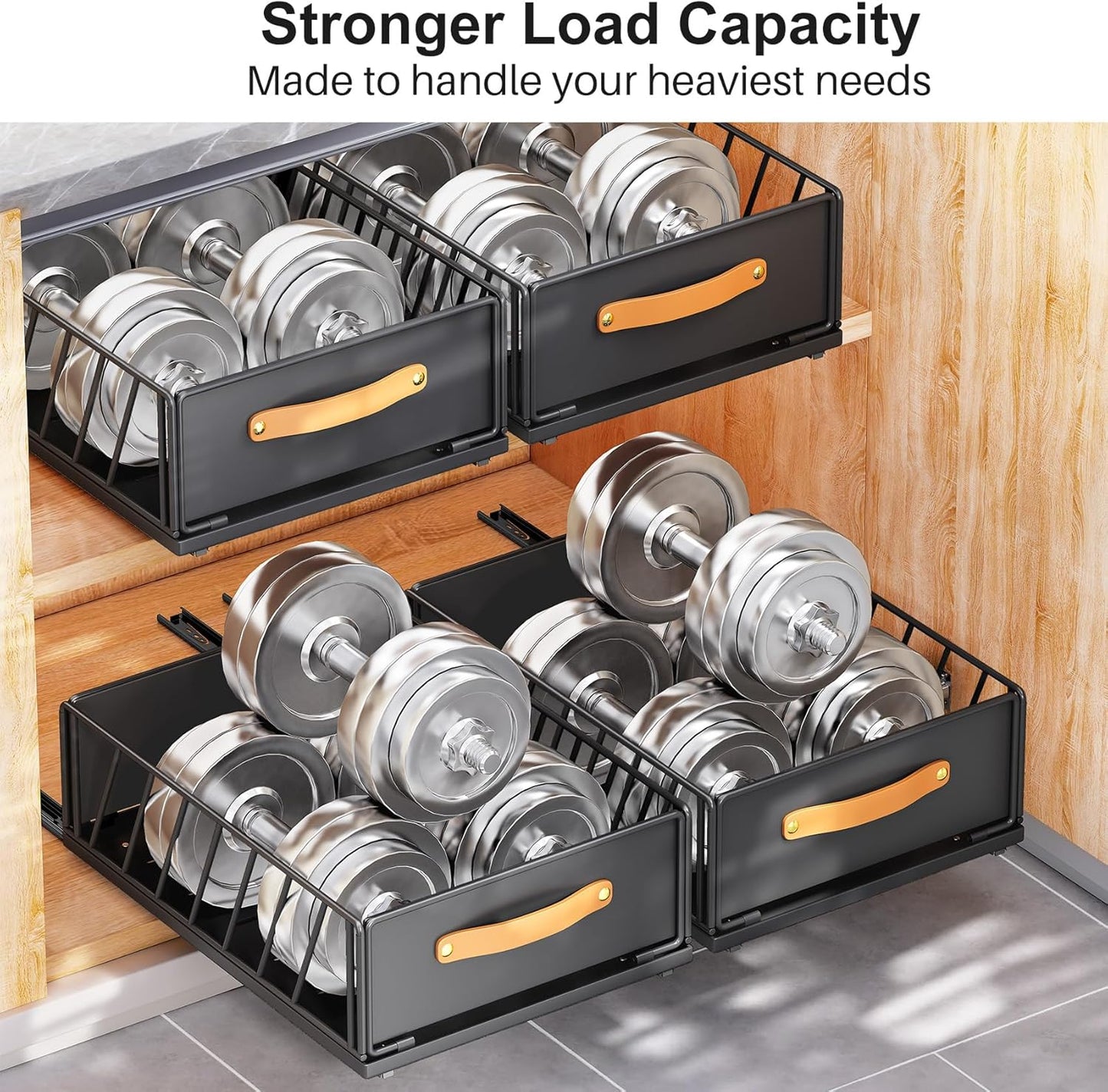 Skiennix Pull-Out Cabinet Organizer - Heavy-Duty Sliding Pantry Shelves with Handle | 11.8"W X 15.7"D X 6.2"H, Black