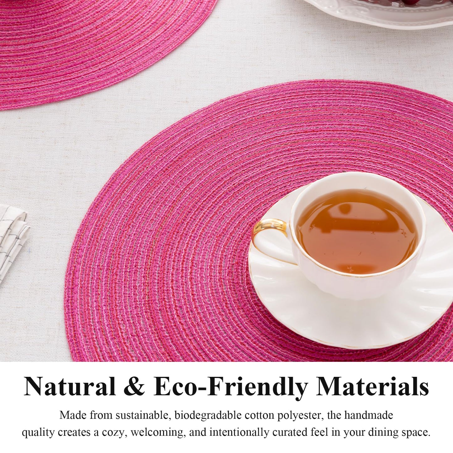 SHACOS Round Braided Placemats Set of 6 Cotton Round Place Mats 15 inch Washable Table Mats for Dining Table Holiday Party (Hot Pink, 6)