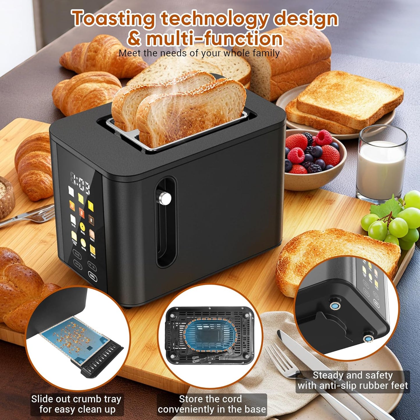 Skiennix Touch Screen Toaster - 2 Slice Black Toaster with LCD Display & 6 Shade Settings