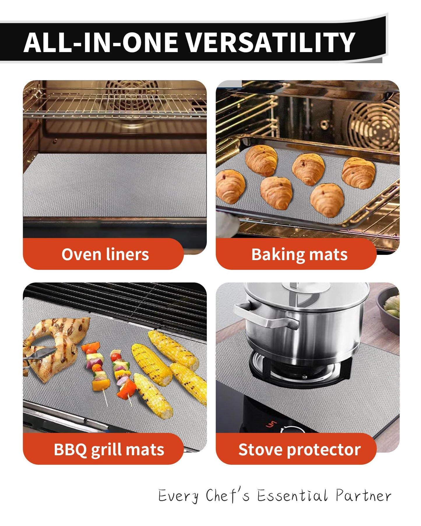 3 Pack Oven Liners for Bottom of Oven, 17x25" Large Heavy Duty Non-Stick Reusable Oven Mat for Electric, Gas, Toaster & Convection Ovens - BPA & PFOA Free, Dishwasher Safe, Kitchen Essentials, Silver