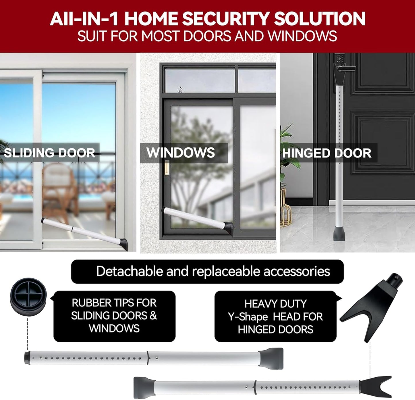 AceMining Door Security Bar & Sliding Patio Lock - Heavy Duty Adjustable Jammer (1 Pack, White)